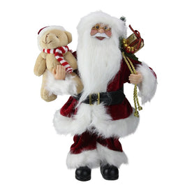 12" Traditional Santa Claus Christmas Figure with Teddy Bear and Gift Bag