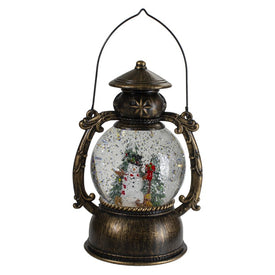8" Black with Brushed Gold LED Snowman and Christmas Trees Snow Globe Lantern