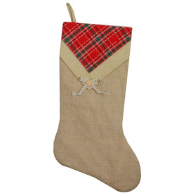 20.5" Beige and Red Plaid V-Cuff Christmas Stocking