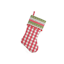 19" Red and Green Rustic Plaid Christmas Stocking with Red Pom-Poms and Lodge Cuff