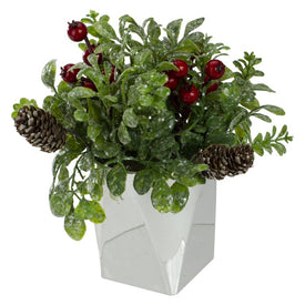8" Green and Silver Potted Artificial Boxwood with Berries Christmas Arrangement