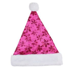 Pink and White Sequin Snowflake Santa Hat Unisex Adult Christmas Costume Accessory - Medium