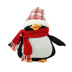 13.75" Black and Red Penguin Wearing a Scarf with Plaid Hat Christmas Tabletop Decoration