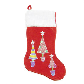 20" Red and White Embroidered Velveteen Cuff Christmas Tree Stocking