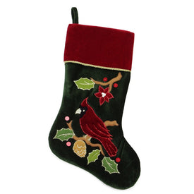 20.5" Red and Green Cardinal Embroidered Christmas Stocking