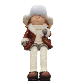 19" White and Red Sitting Young Girl in Trapper Hat Christmas Figurine