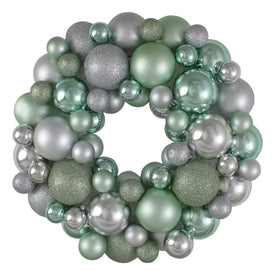 13" Unlit Silver and Seafoam Green Three-Finish Shatterproof Ball Christmas Wreath