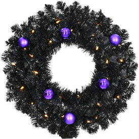 24" Spooky Tinsel Wreath with Purple Ornaments and Warm White LED Lights