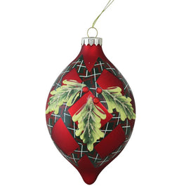 4.75" Red and Green Geometric Plaid Mistletoe Finial Glass Christmas Ornament