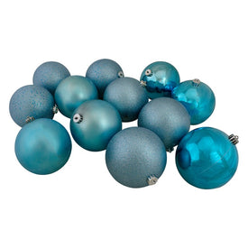 6" Turquoise Blue Shatterproof Four-Finish Ball Christmas Ornaments Set of 12
