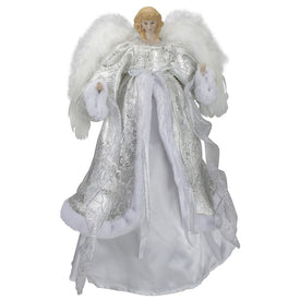 18" Lighted White and Silver Angel in a Dress Christmas Tree Topper - Warm White Lights