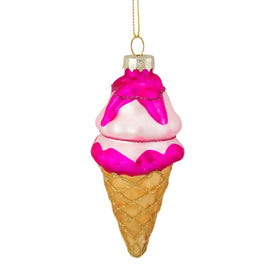 4.25" Pink and Gold Glass Ice Cream Cone Christmas Ornament