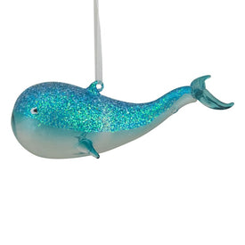 6" Blue Glass Glittered Whale Christmas Ornament