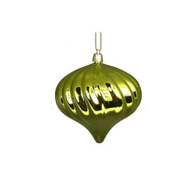 4" Kiwi Green Shatterproof Shiny Swirl Onion Drop Christmas Ornaments Set of 4