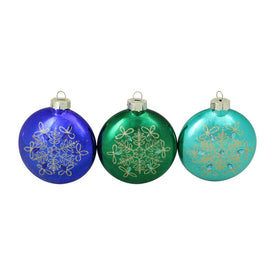 3.25" Blue and Green Glitter Snowflake Disc Shaped Glass Christmas Ornaments Set of 3
