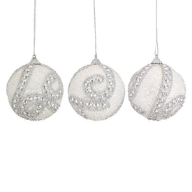 3" White and Silver Beaded Shatterproof Glittered Ball Christmas Ornaments Set of 3