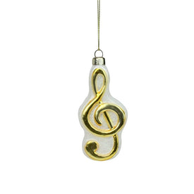 4" Metallic Gold and Glittered White Treble Clef Note Music Symbol Glass Christmas Ornament