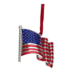 3.25" Silver-Plated American Flag with European Crystals Christmas Ornament