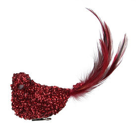 6.5" Red Sequined Bird with Feather Tail Christmas Ornament with Clip