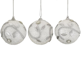 3" White and Silver Shatterproof Beaded Ball Christmas Ornaments Set of 3