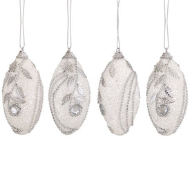 4.5" White and Silver Beaded Floral Shatterproof Glittered Christmas Finial Ornaments Set of 4