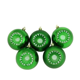 3.25" Green Shatterproof Two-Finish Retro Reflector Ball Christmas Ornaments Set of 5