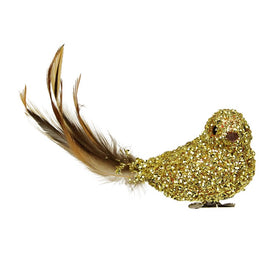 6.5" Gold Sequined Bird with Feather Tail Christmas Ornament with Clip
