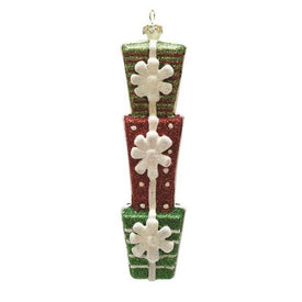 6.5" Green and Red Glitter Shatterproof Stacked Gift Box Christmas Ornament