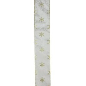 2.5" x 10 Yards Gold and White Snowflake Printed Christmas Wired Craft Ribbon