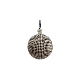 6" Black and Beige Houndstooth with Rhinestone Cap Ball Christmas Ornament
