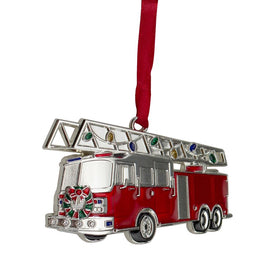 3.5" Silver-Plated Fire Truck with European Crystals Christmas Ornament