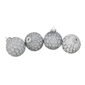 3.25" White and Gray Matte Honeycomb Glass Ball Christmas Ornaments Set of 4