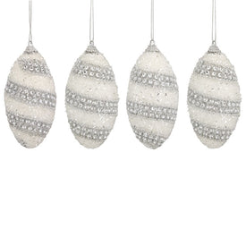 4.5" White and Silver Beaded Swirl Shatterproof Christmas Finial Ornaments Set of 4