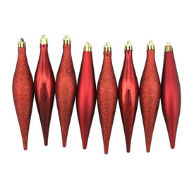 6" Red Shatterproof Four-Finish Finial Drop Christmas Ornaments Set of 8
