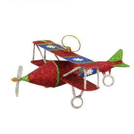 5" Red and Blue Glitter Drenched Biplane Christmas Ornament