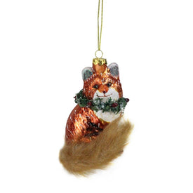 4.5" Brown and Green Fox with Faux Fur Tail and Wreath Christmas Ornament