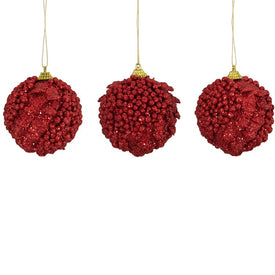 3" Cherry Red Shatterproof Holographic Glittered Ball Christmas Ornaments Set of 3