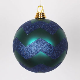 6" Teal Green and Sea Blue Two-Finish Shatterproof Chevron Ball Christmas Ornament