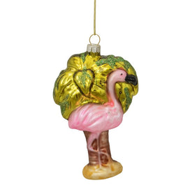 4" Pink Flamingo with Palm Tree Hanging Glass Christmas Ornament