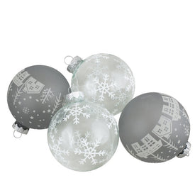 3.25" Gray and Clear Glass Ball Hanging Christmas Ornaments Set of 4