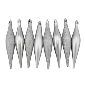 6" Silver Shatterproof Four-Finish Christmas Finial Drop Ornaments Set of 8