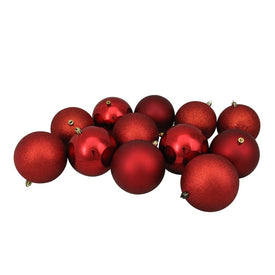 4" Red Shatterproof Four-Finish Ball Christmas Ornaments Set of 12