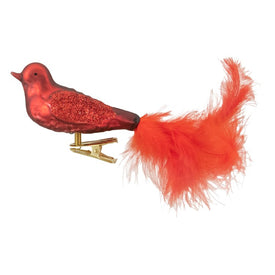 5.5" Red Bird with Feather Tail Glass Clip On Christmas Ornament