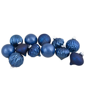 Blue Finial and Glass Ball Christmas Ornaments Set of 12