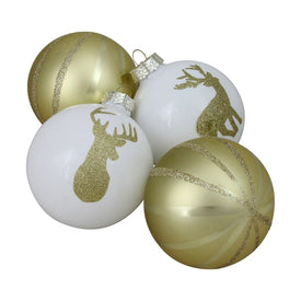 4 .5" Champagne Gold and White Deer Two-Finish Ball Christmas Ornaments Set of 4