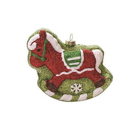 4.75" Green and Red Shatterproof Glitter Rocking Horse Christmas Ornament