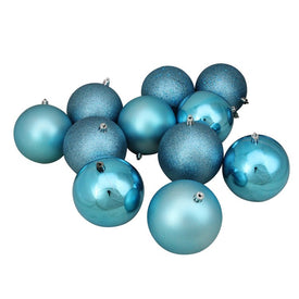 4" Turquoise Blue Shatterproof Four-Finish Ball Christmas Ornaments Set of 12