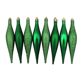 6" Green Shatterproof Four-Finish Finial Drop Christmas Ornaments Set of 8
