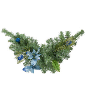 24" Unlit Regal Peacock Blue and Silver Poinsettia Artificial Christmas Swag