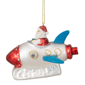 4.5" Santa in a Silver Rocket Ship Glass Christmas Ornament